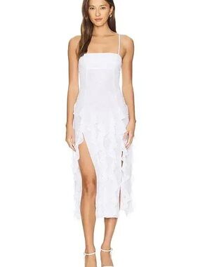 NBD White Spaghetti-Strap Ruffle Midi Dress with Side Slit